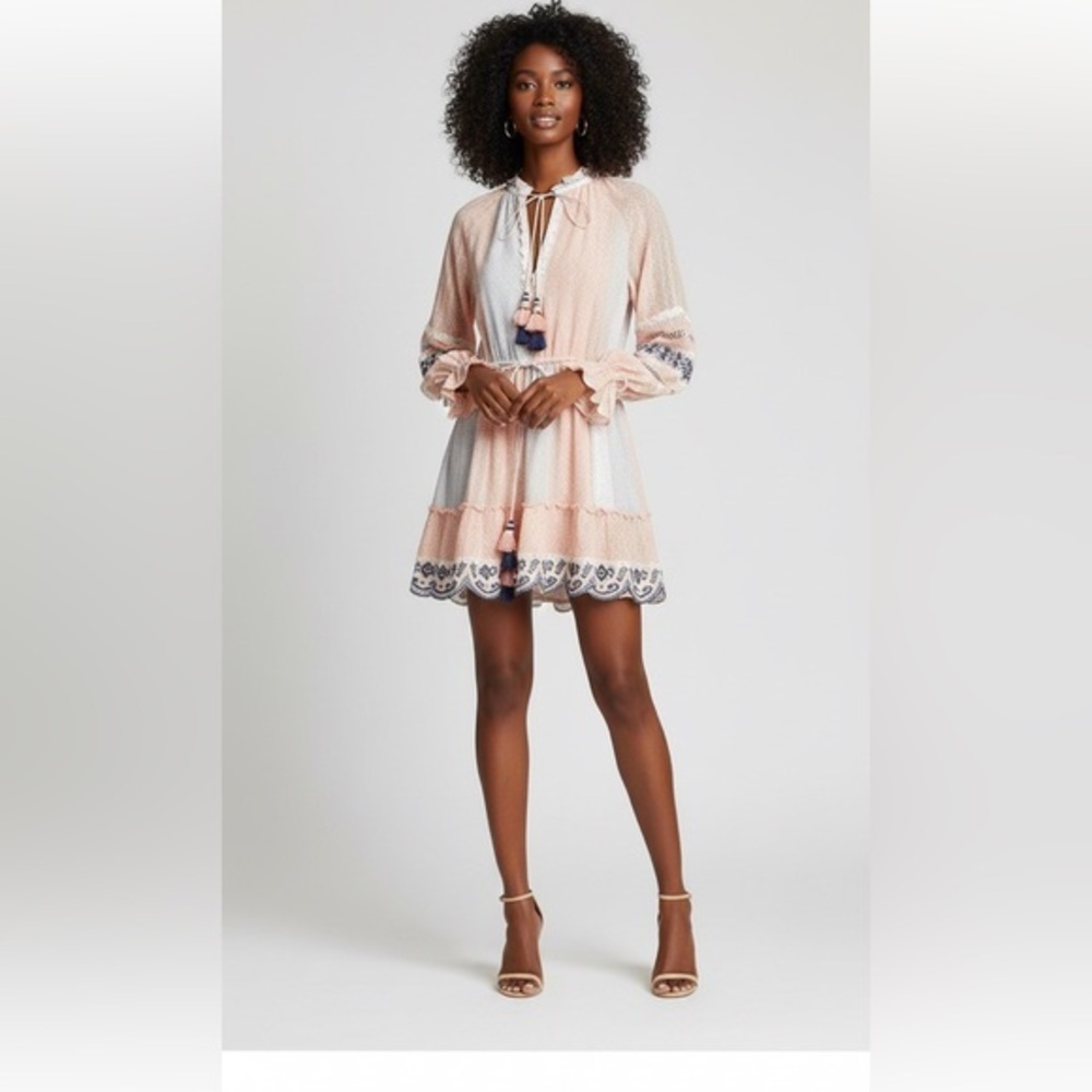 Anthropologie Hemant & Nandita Peach Embroidered Boho Mini Dress Tassels Sz S